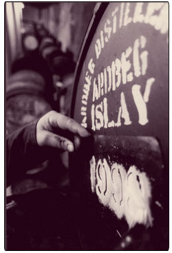 A closeup of a barrel at the Ardbeg Distillery on Islay